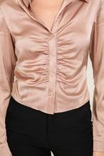Taupe Long Sleeve Satin Top With Front Pleated Detail