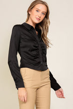 Black Long Sleeve Satin Top With Front Pleated Detail