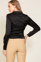 Black Long Sleeve Satin Top With Front Pleated Detail