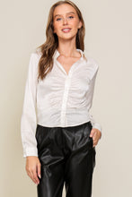 Off White Long Sleeve Satin Top With Front Pleated Detail