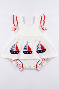 White Sailing Boat Applique Ruffle Baby Romper