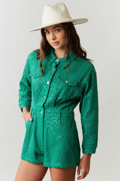 Kelly Green Sequin Utility Romper