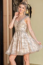 Rose Gold V Neck Glitter Print Cocktail Dress