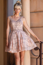 Rose Gold V Neck Glitter Print Cocktail Dress
