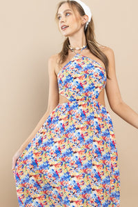 Blue Flower Floral Halter Neck Maxi Dress