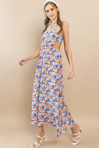 Blue Flower Floral Halter Neck Maxi Dress