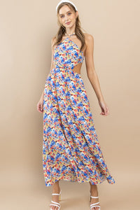 Blue Flower Floral Halter Neck Maxi Dress