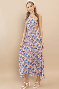 Blue Flower Floral Halter Neck Maxi Dress