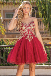Burgundy Golden Embroidery Spaghetti Straps Cocktail Dress