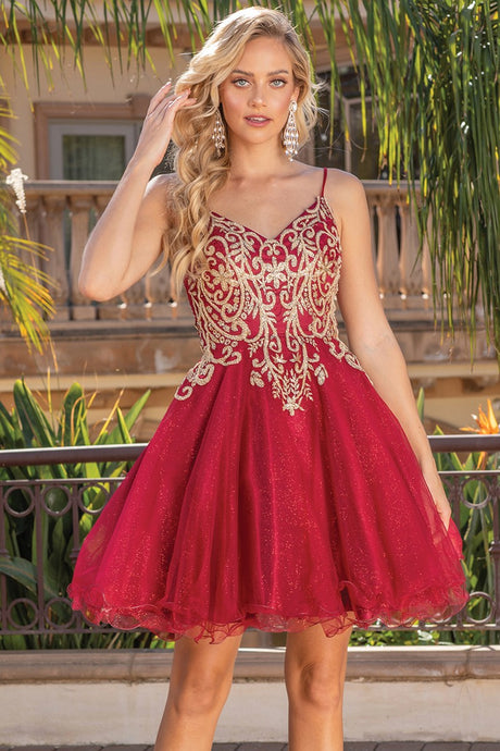Burgundy Golden Embroidery Spaghetti Straps Cocktail Dress