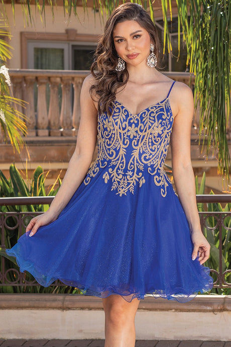 Royal Blue Golden Embroidery Spaghetti Straps Cocktail Dress