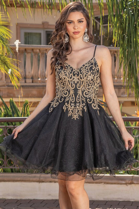 Black Golden Embroidery Spaghetti Straps Cocktail Dress