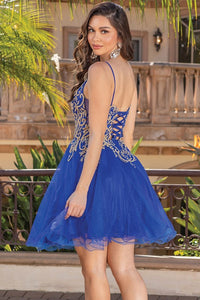 Royal Blue Golden Embroidery Spaghetti Straps Cocktail Dress