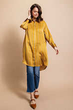 Golden Striped Button Down Long Shirt with Side Slit
