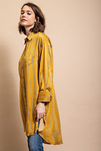 Golden Striped Button Down Long Shirt with Side Slit