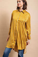 Golden Striped Button Down Long Shirt with Side Slit