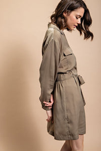 Lt Olive Long Sleeve Shirt Dress with Waist Tie