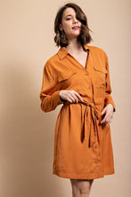 Caramel Long Sleeve Shirt Dress with Waist Tie