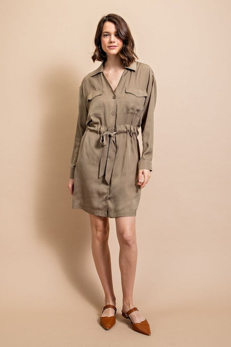 Lt Olive Long Sleeve Shirt Dress with Waist Tie