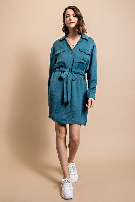 Lagoon Long Sleeve Shirt Dress with Waist Tie