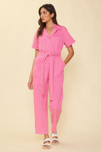 Pink Short Sleeve Washed Utility Jumpsuit