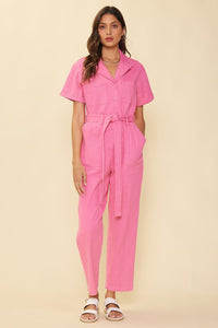Pink Short Sleeve Washed Utility Jumpsuit