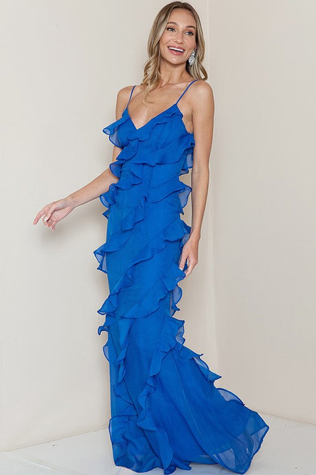 Royal Blue Sleeveless Ruffle Layered Maxi Dress