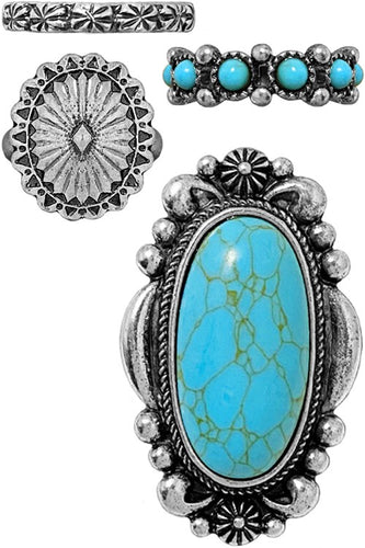 Turquoise Western Concho Anzac Gem Stone Band Cuff Ring Set
