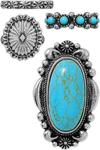 Turquoise Western Concho Anzac Gem Stone Band Cuff Ring Set