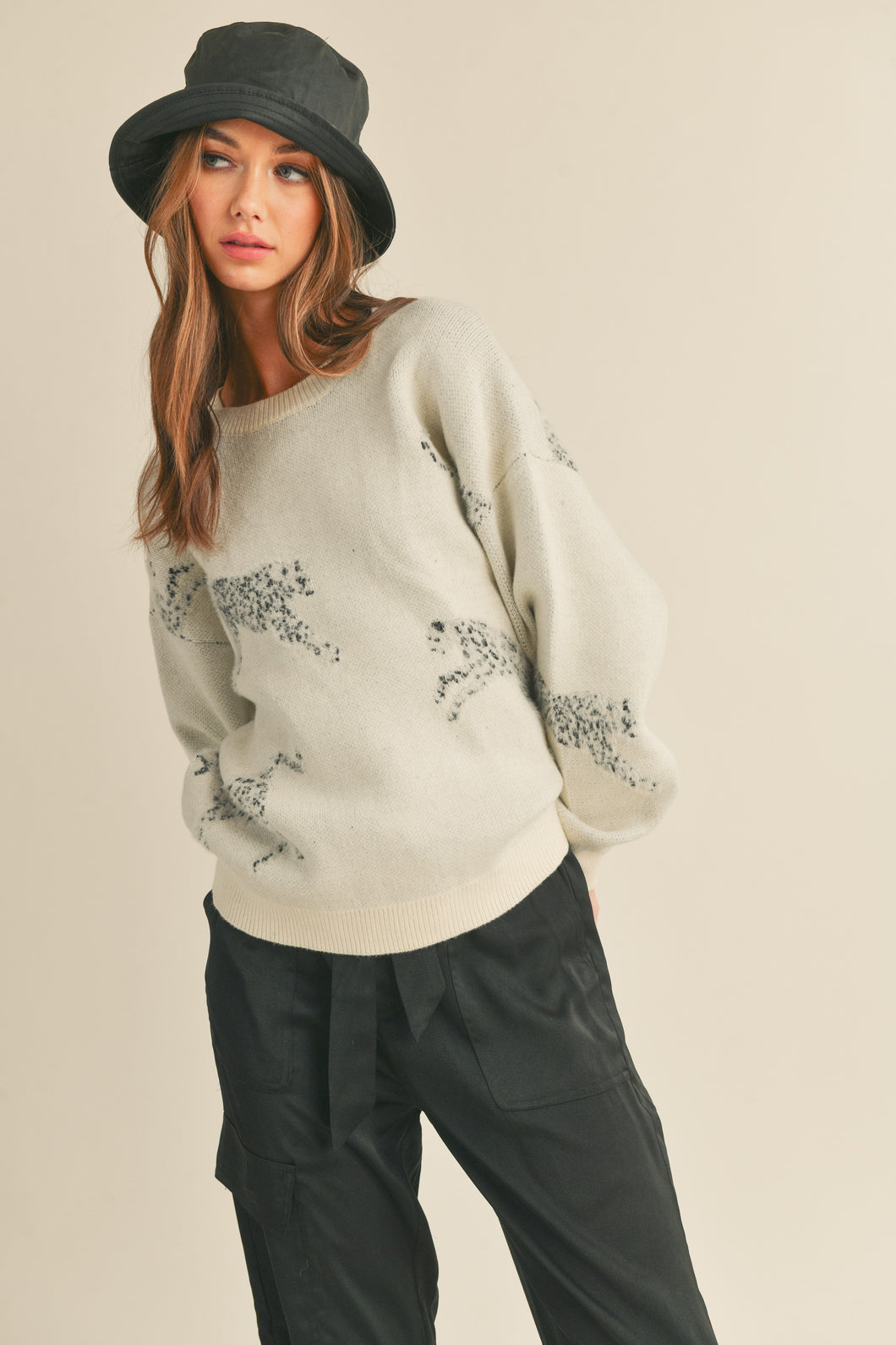 Ivory Cream Leopard Knit Sweater