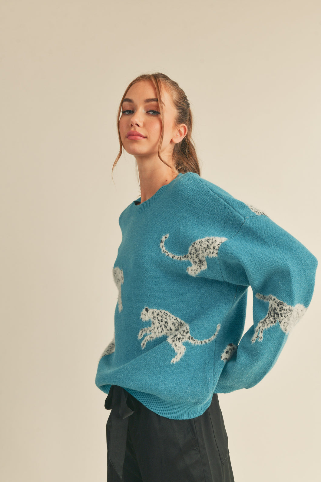 Teal Blue Leopard Knit Sweater