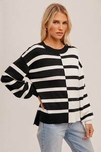 Black/White Color Block Stripe Oversized Pullover