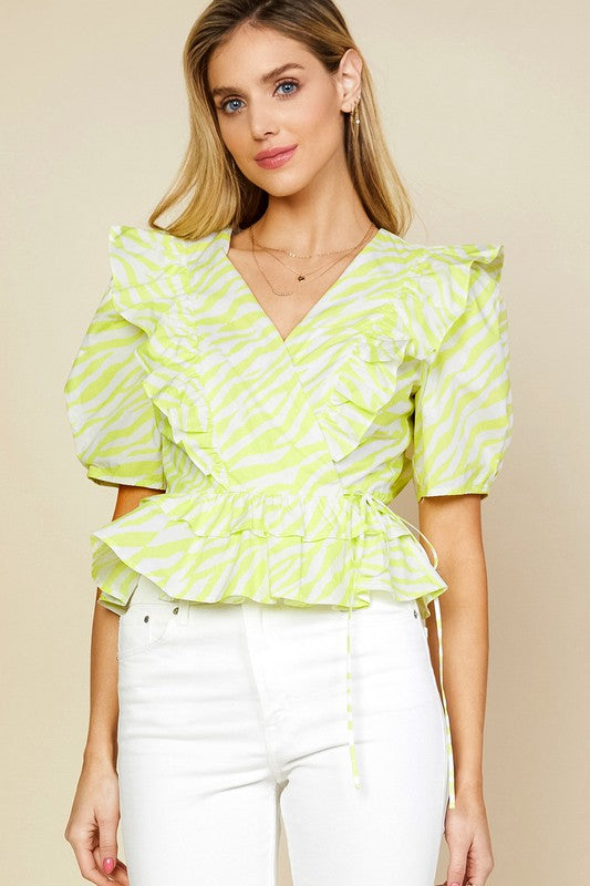 Lime Yellow Woven V Neck Overlap Peplum Top