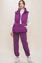 Violet Zip Up Button Puffer Vest with Waist Toggles