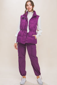 Violet Zip Up Button Puffer Vest with Waist Toggles