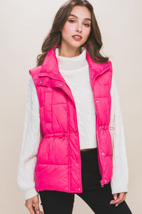 Fuchsia Zip Up Button Puffer Vest with Waist Toggles