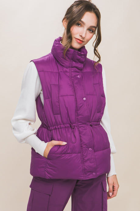 Violet Zip Up Button Puffer Vest with Waist Toggles