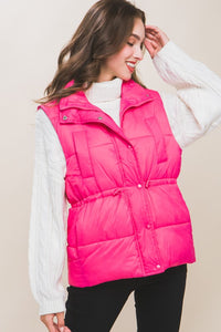 Fuchsia Zip Up Button Puffer Vest with Waist Toggles