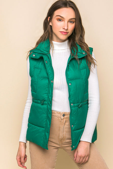 Green Zip Up Button Puffer Vest with Waist Toggles