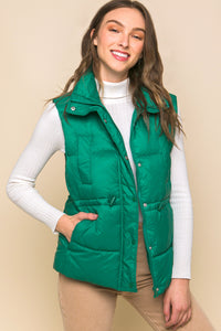 Green Zip Up Button Puffer Vest with Waist Toggles