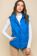 Blue Zip Up Button Puffer Vest with Waist Toggles
