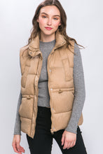 Khaki Zip Up Button Puffer Vest with Waist Toggles