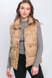 Khaki Zip Up Button Puffer Vest with Waist Toggles