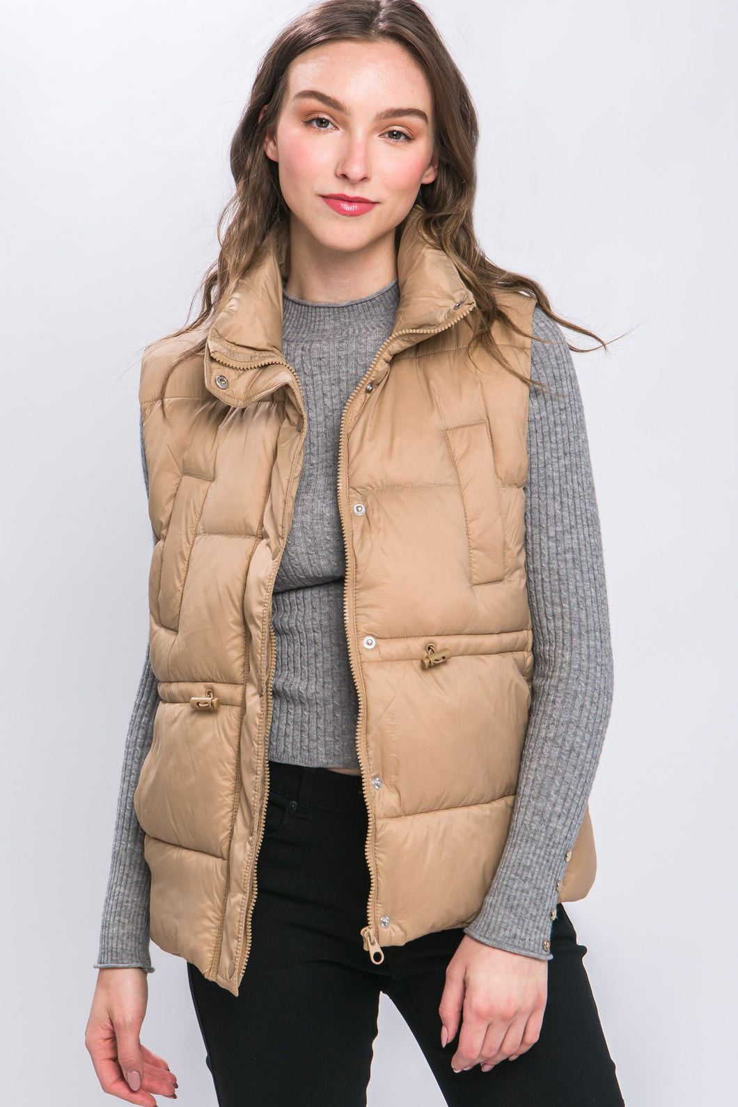 Khaki Zip Up Button Puffer Vest with Waist Toggles