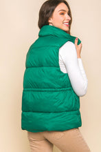 Green Zip Up Button Puffer Vest with Waist Toggles