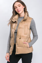 Khaki Zip Up Button Puffer Vest with Waist Toggles