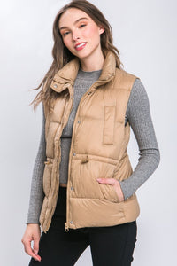 Khaki Zip Up Button Puffer Vest with Waist Toggles