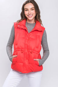 Tomato Zip Up Button Puffer Vest with Waist Toggles