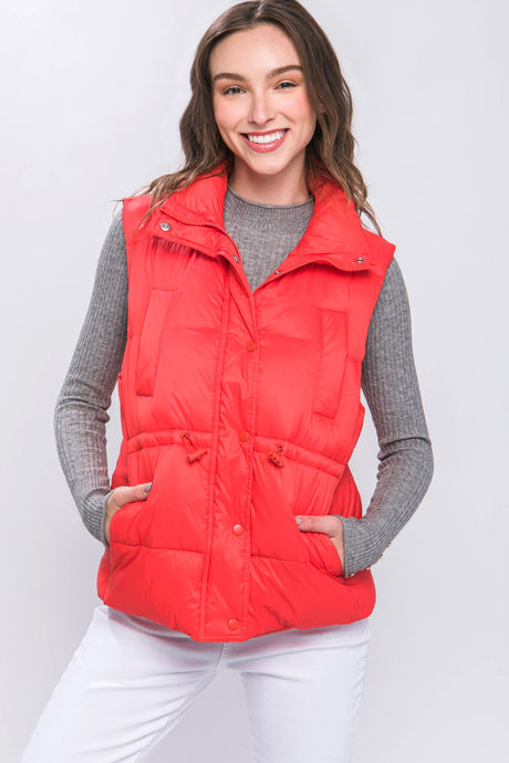 Tomato Zip Up Button Puffer Vest with Waist Toggles