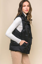 Black Zip Up Button Puffer Vest with Waist Toggles